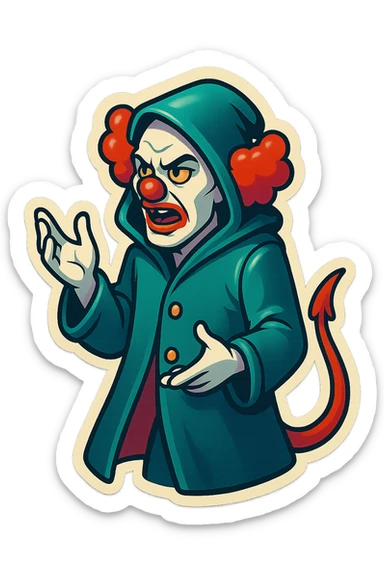 evil clown wizard in a 3/4 length unbuttoned coat with a hood, calm and serious, gesturing with hands in a different pose, mouth open as if talking, no pentagram, no robe, no spells, visible tail sticker