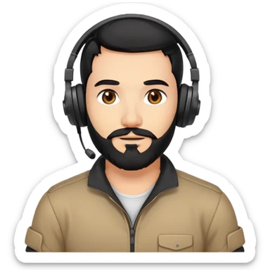A person with black hair, brown eyes, and a black beard wearing a gaming headset with a thankful expression sticker
