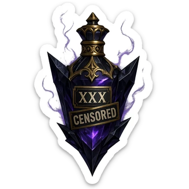 very luxurious crystal edgy forbidden elixir bottle, bottle has censored words or labels like 'XXX' and 'CENSORED', dark colors, lots of glowing, edges, ornaments, golden details, magical effects, very small golden neck, transparent background, beautiful seamless bottom, bottle clearly floating in air, no base or shadow, premium class, edgy, fitting a collection sticker