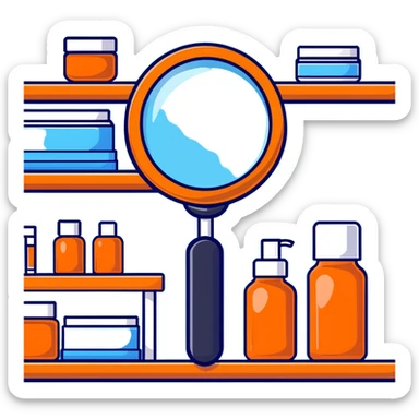front view magnifying glass over empty orange beauty product shelf searching sticker