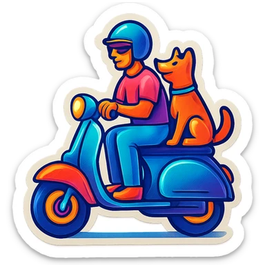 man and his pet dog riding a vespa sticker