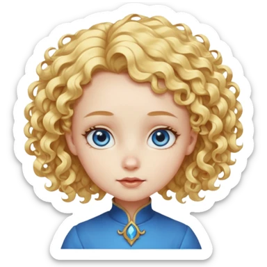 Cute fantasy character head with a large forehead, big bright blue eyes, and short, voluminous golden blond curly hair. Stylized, colorful, cartoon look focused on cuteness. sticker