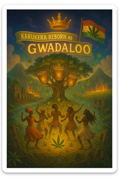 Create a powerful, surreal vision of the Caribbean island Guadeloupe, reimagined as ‘Gwadaloo’ — its sacred, sovereign identity restored. The island is lush, tropical, and volcanic, with two green volcanoes glowing golden at the peaks. In the center stands a giant mystical Drum Tree, its branches bearing carved drums instead of fruit, glowing with rhythmic light. Ancestral spirits of African and indigenous lineage dance in a circle around the tree, surrounded by floating ganja leaves and sacred symbols. Sugarcane fields burn gently in the background, symbolizing the end of colonial suffering. Ruins of colonial buildings crumble into the earth, reclaimed by vines and jungle. Above the island, a glowing banner in the sky reads: ‘Karukera reborn as Gwadaloo.’ A ganja-leaf flag waves high in red, green, and gold, and a golden Creole crown floats in the sky above the island — not worn by any man, but held in rhythm. The ocean is turquoise, the light is divine, and the entire scene radiates spiritual victory, cultural remembrance, and cosmic rhythm. Use a warm, cinematic palette of golds, greens, blues, and purples. Style should feel epic, sacred, and symbolic — a rebirth of Caribbean power. sticker