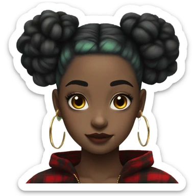  Pale skinned girl, dark green space buns hairstyle, wearing a red flannel, gold hoop earrings, thick wing eyeliner sticker