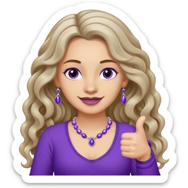lady with long wavy русые hair, purple top, коричневыми eyes, thumbs up, с бусами белые и серебром на шее sticker