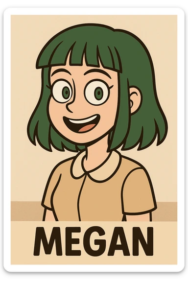 cartoon face of Megan inspired by the reference image, green hair, straight bangs, green eyes sticker