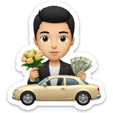 a pretty bratz boy with black hair, holding a bouquet made of money, car behind him sticker