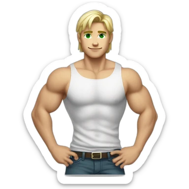 Muscular boy, shirt off, blond hair with green eyes  sticker