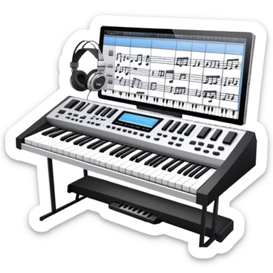 Create a professional and artistic emoji that represents writing music tracks. The design should feature a large monitor displaying musical notes or a score, positioned in front of a professional Korg synthesizer. Add elements like studio headphones, a MIDI keyboard, and an audio interface to symbolize the tools used in music production. Use sleek, modern colors like silver, black, and neon accents to convey the professional environment of music composition. The background should be transparent. sticker