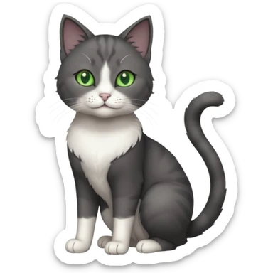 full body view of beautiful female solid dark grey cat with green eyes, white toes/paws and white patch on her chest sticker