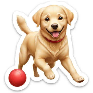 A Labrador Retriever playing fetch with a ball in a backyard garden, mid-action with joyful expression. Natural sunlight, realistic motion blur, outdoor realism. sticker