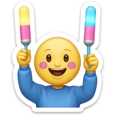 An excited yellow emoji face with closed smiling eyes and blushing cheeks, cheering enthusiastically while holding up two glow sticks (one blue, one pink). It represents high energy, fandom, and celebration. sticker