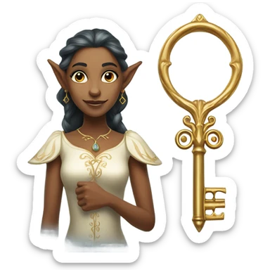 an elf woman login holding a big key sticker