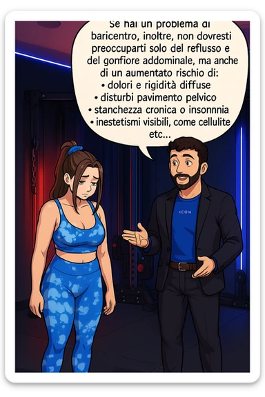 TRASFORMA QUESTO CAROSELLO IN UN FUMETTO STILE WEBTOON/MANGA A COLORI CON QUESTE DUE PERSONE IDENTICHE CHE INTERLOQUISCONO TRA LORO, L'uomo sta spiegando alla donna questo concetto:

Se hai un problema di baricentro, inoltre, non dovresti preoccuparti solo del reflusso e del gonfiore addominale, ma anche di un aumentato rischio di:
    • dolori e rigidità diffuse
    • disturbi pavimento pelvico
    • stanchezza cronica o insonnia
    • inestetismi visibili, come celluluite
    • etc… sticker