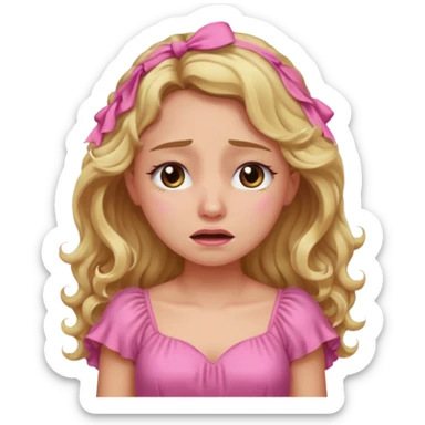 the girl is that crying with tears she has brown eyes and blond long hair curly pink dress  sticker