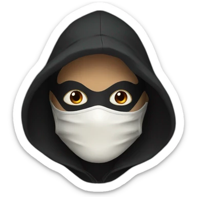 with black hood with red clouds and a white mask sticker