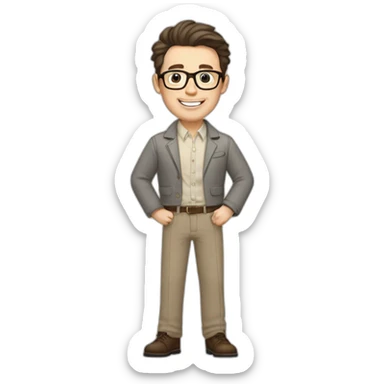 Joyful Pale skinned Fit Man With dark brown hair in gray jacket, beige office shirt, Brown pants and vintage glasses. His thrumbs up sticker
