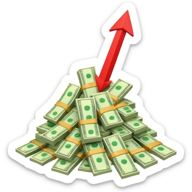 a pile of money with red arrow up sticker