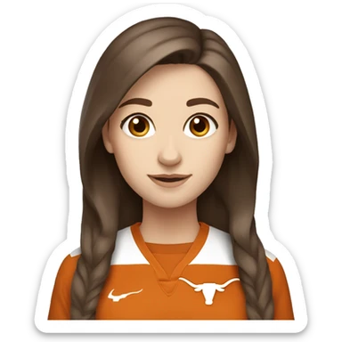 Brown hair, pale skin, woman. Wearing University of Texas Longhorn clothes sticker