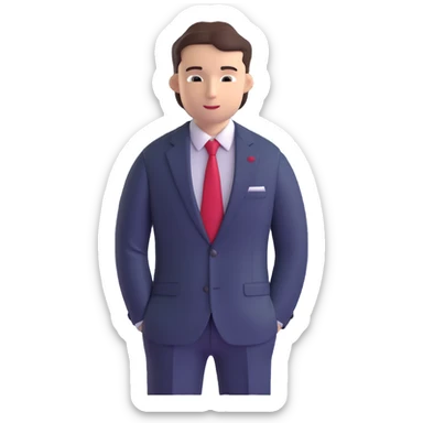 man wearing a dark blue-gray business suit with a white shirt and a red tie sticker