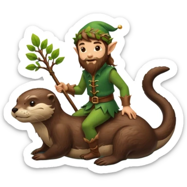 tiny forest elf man long brown hair beard riding an otter sticker