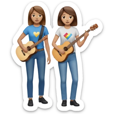 based on emoji style, like this "💁🏻‍♀️" "💁🏽‍♂️" "💁🏻", two people walking together. one is brown-haired woman, wearing business casual, holding a guitar. Another one is a non-binary person, wearing t shirt and jeans, and this person doesn't have anything on their hands. they are walking together. sticker