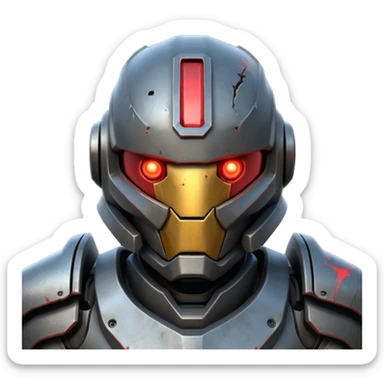 futuristic war robot portrait, head and shoulders only, aggressive design, sharp armor edges, glowing red eyes, battle-damaged helmet faceplate, heavy armor collar, intense dramatic lighting, sci-fi metal textures, 3D cartoon, mobile game icon style, clean background, no text, no watermark
 sticker