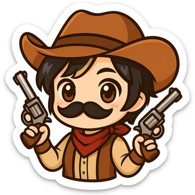 Edit the chibi cowgirl to have short hair and be holding two guns, one in each hand. Keep the cowboy hat, mustache, and western outfit. Maintain the chibi/anime style. Transparent background, sized for Twitch or Discord use. sticker