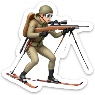 An icon showing a snowy landscape with pine trees, mountains, and a clear sky with a biathlete aiming a rifle in the foreground, wearing winter gear and skis. Transparent background emphasizes the precision, endurance, and beauty of this winter sport. sticker