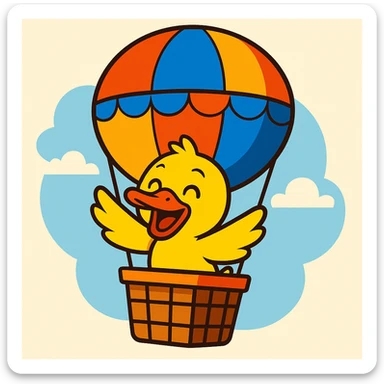 a cheerful duck in a hot air balloon, playful style, vibrant toon illustration sticker