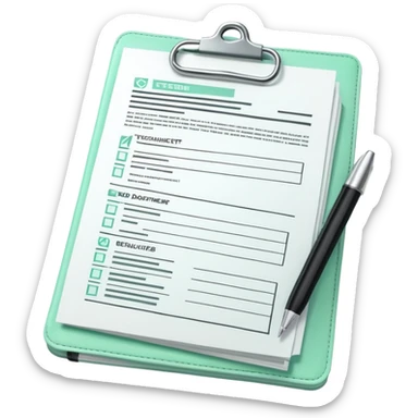 Commande Publique (Public Procurement), 3D technical icon with black and mint green (#B5F4D3), tender document with technical specifications and compliance checklist sticker