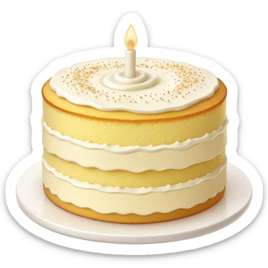 Cinematic Realistic Simple Vanilla Cake, a perfectly baked golden sponge with soft, airy layers, delicate vanilla frosting smoothly spread across the top, tiny flecks of vanilla bean visible, warm golden lighting creating depth, glowing with a sweet, irresistible charm. sticker