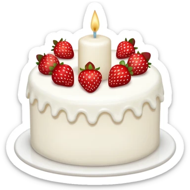 white cake with strawberries and a single lit candle sticker