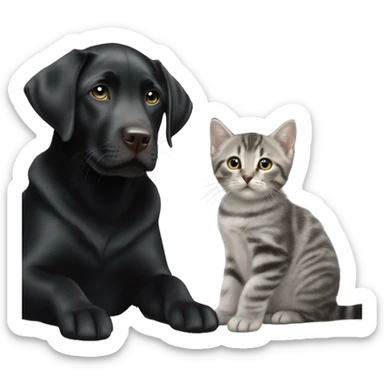 Black lab with grey tabby kitten with white legs sticker