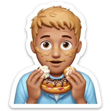 A man messily eating a filled donut, the donut is filled with Boston cream and it’s making a mess everywhere sticker