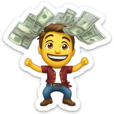 chico festejando estirando los brazos hacia arriba feliz, con billetes volando sticker