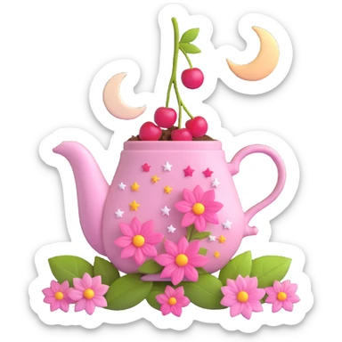 a tea bag with pink flowers, cherries, and a moon and stars, light purple background sticker