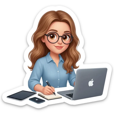 detailed emoji illustration of a woman with long light brown wavy hair and light brown eyes wearing round glasses, writing her book on a MacBook, with an iPad and an iPhone next to her, focused writing atmosphere, emoji style sticker
