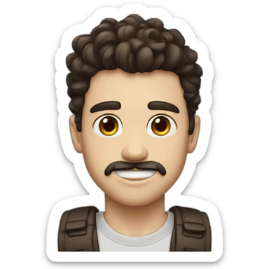 boy, big eyebrows, middle part, big teeth, pale skin, messy dark brown hair, mustache sticker