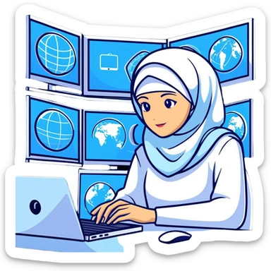 computer engineer with white hijab wearing blue clothes, working with multiple holographic screens showing digital world, virtual interfaces, metaverse elements sticker