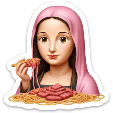 monalisa made of SPAM meat holding pink dripping sauce spaghetti portrait sticker
