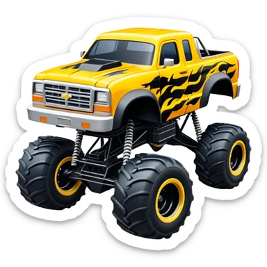Maximum Destruction - Monster Jam (Model Year: 2021) (Iconic colour: Yellow with black flames) - A ferocious monster truck featuring a vivid yellow base accented by dramatic black flame patterns. Emphasize sharp, high-contrast flame streaks across the body, creating a look of aggressive, explosive energy. sticker