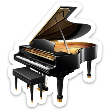 Cinematic Realistic Piano, glossy black grand piano with elegantly curved edges, pristine white and black keys, soft golden light reflecting off its polished surface, faint reflections of a musician’s hands, glowing with refined elegance and musical depth. sticker
