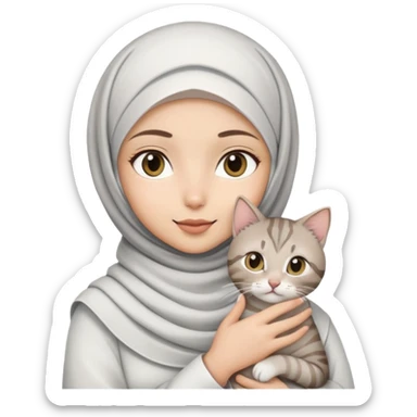 Flower printed white hijab girl holding grey tabby cat sticker