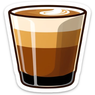 Small Gibraltar glass with cortado espresso, light brown color on top deepening to darker brown at bottom, smooth surface, no froth, clear glass showing gradient sticker
