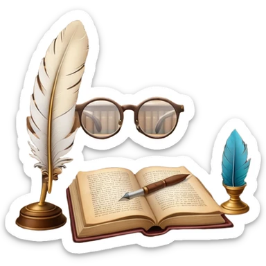 An icon featuring an open book with classic text, a feather quill, and reading glasses, symbolizing literary studies. The design includes old library shelves and vintage manuscripts in the background. Transparent background emphasizes the deep analysis of written works and literary history. sticker