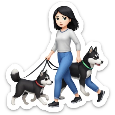 A black-haired girl walks a black and white husky sticker