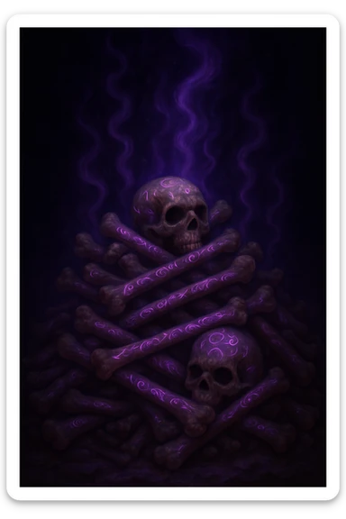 Change the mystical energy to purple, keep the bones with arcane symbols and wisps of energy. Maintain the fantasy style with purple mystical energy and arcane symbols glowing around the bones. sticker