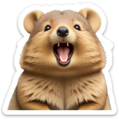 cinematic-realistic  yawning quokka-emoji,-small-round-frame, head tilted in an endearing manner, wouth wide open yawning, sleepy comical smile, round cheeks, giant-fluffy-cheeks-large-smile-fluffy-brown-fur-radiating-a-warm-softness,-big-round-eyes-filled-with-joy, realistic round  fluffy zoomed in, large black eyes one paw raised in the air sticker