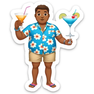 chubby guy full figure in a flowered azure havai shirt, brown shorts and flippers holding a cocktail sticker